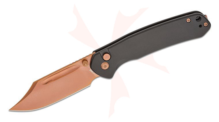 CJRB Cutlery Pyrite Button Lock Folding Knife 3.05 inch AR-RPM9 Rose Gold Bowie Blade, Black Steel Handles