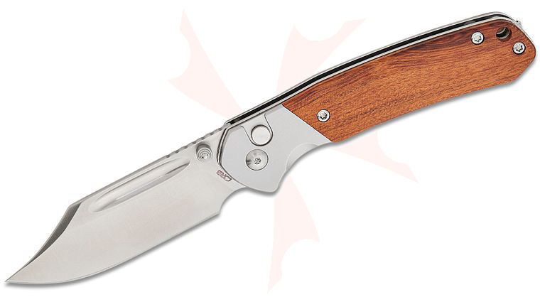CJRB Cutlery Pyrite Button Lock Folding Knife 3.05 inch AR-RPM9 Sand Polished Bowie Blade, Rosewood Handles with Steel Bolsters