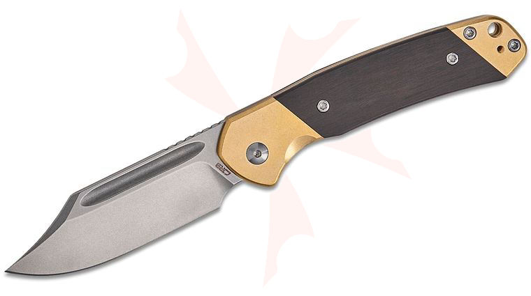 CJRB Cutlery Pyrite Slipjoint Folding Knife 3.11 inch AR-RPM9 Stonewashed Bowie Blade, Wood Handles with Brass Bolsters