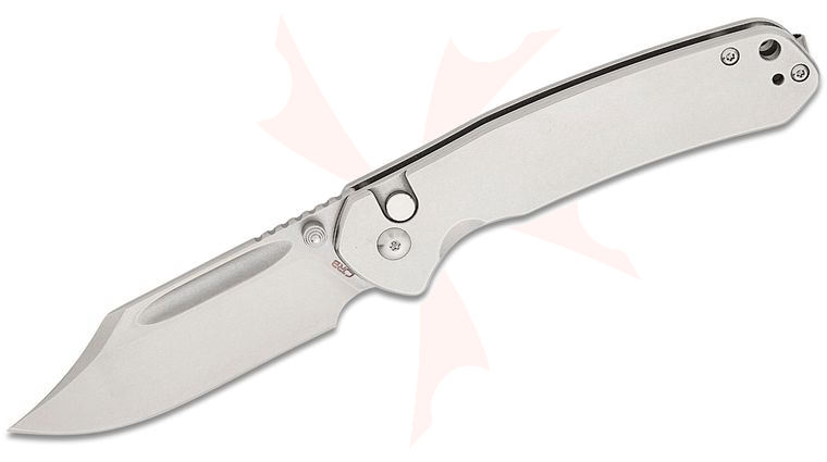 CJRB Cutlery Pyrite Button Lock Folding Knife 3.05 inch AR-RPM9 Stonewashed Bowie Blade, Stonewashed Steel Handles