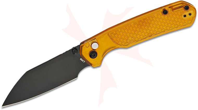 CJRB Cutlery Pyrite-Light Button Lock Folding Knife 3.34 inch AR-RPM9 Black Wharncliffe Blade, Amber FRN Handles