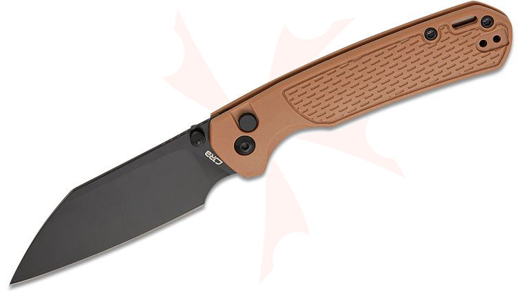 CJRB Cutlery Pyrite-Light Button Lock Folding Knife 3.34 inch AR-SFII Black Wharncliffe Blade, Brown FRN Handles
