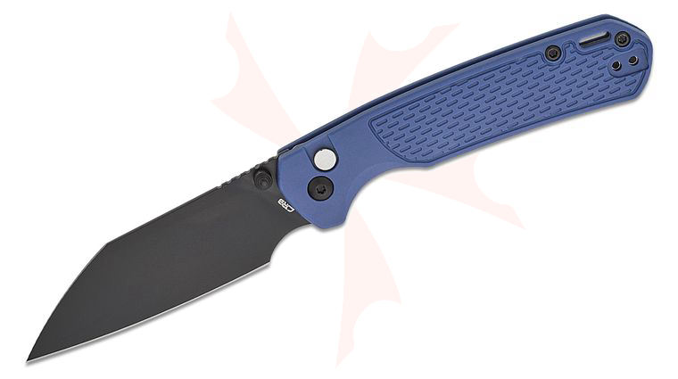 CJRB Cutlery Pyrite-Light Button Lock Folding Knife 3.34 inch AR-RPM9 Black Wharncliffe Blade, Blue FRN Handles