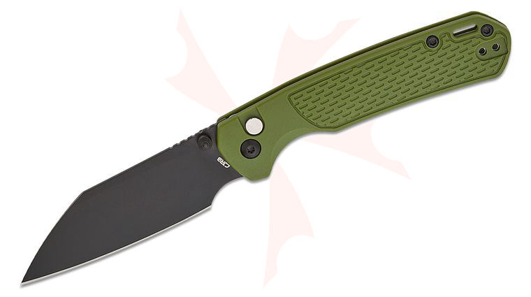 CJRB Cutlery Pyrite-Light Button Lock Folding Knife 3.34 inch AR-RPM9 Black Wharncliffe Blade, OD Green FRN Handles