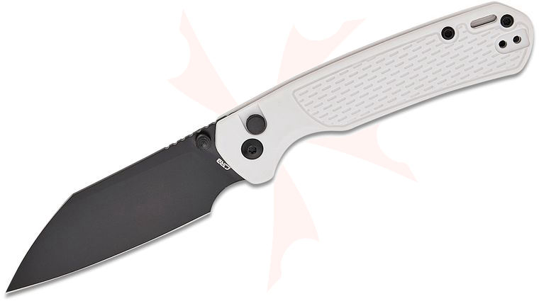 CJRB Cutlery Pyrite-Light Button Lock Folding Knife 3.34 inch AR-RPM9 Black Wharncliffe Blade, Gray FRN Handles