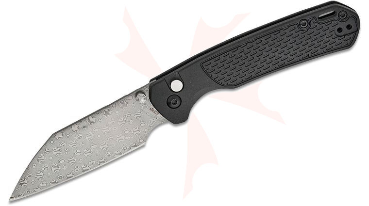 CJRB Cutlery Pyrite-Light Button Lock Folding Knife 3.34 inch  inchRose inch Damascus Wharncliffe Blade, Black FRN Handles