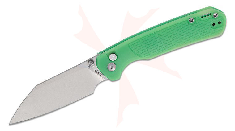 CJRB Cutlery Pyrite-Light Button Lock Folding Knife 3.34 inch AR-RPM9 Stonewashed Wharncliffe Blade, Thermochromic Color Change Green FRN Handles