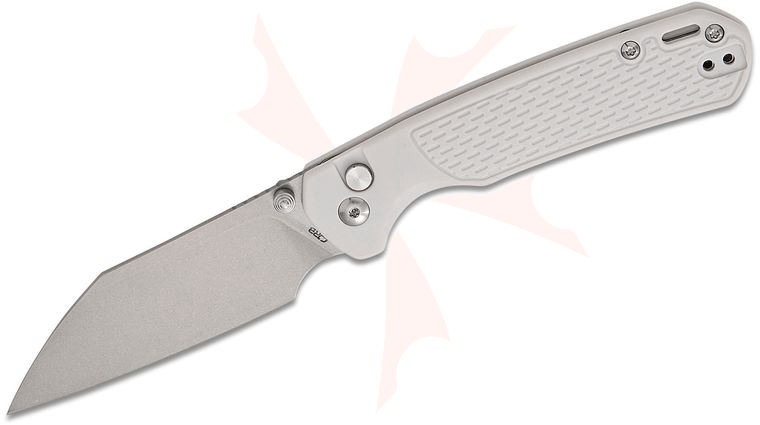 CJRB Cutlery Pyrite-Light Button Lock Folding Knife 3.34 inch S90V Stonewashed Wharncliffe Blade, Gray FRN Handles