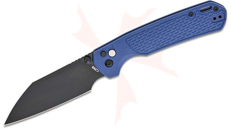 CJRB Cutlery Large Pyrite-Light Button Lock Folding Knife 3.7 inch AR-RPM9 Black Wharncliffe Blade, Blue FRN Handles