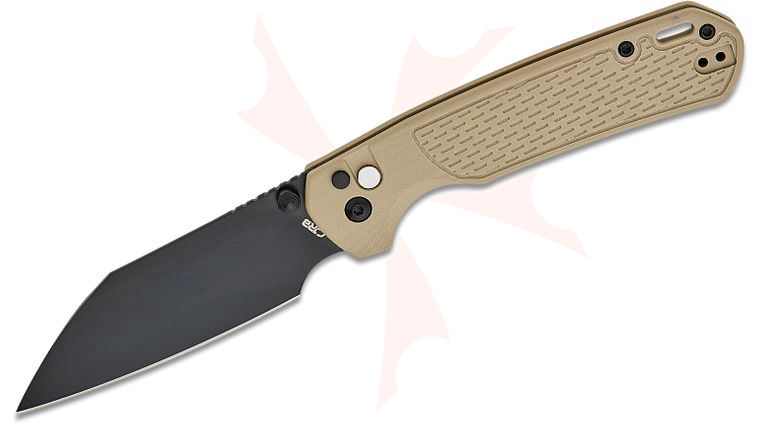 CJRB Cutlery Large Pyrite-Light Button Lock Folding Knife 3.7 inch AR-RPM9 Black Wharncliffe Blade, Desert Tan G10 Handles