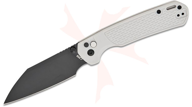 CJRB Cutlery Large Pyrite-Light Button Lock Folding Knife 3.7 inch AR-RPM9 Black Wharncliffe Blade, Gray FRN Handles