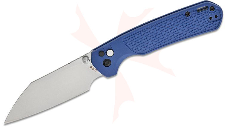 CJRB Cutlery Large Pyrite-Light Button Lock Folding Knife 3.7 inch AR-RPM9 Stonewashed Wharncliffe Blade, Blue FRN Handles