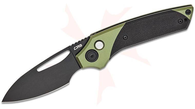 CJRB Cutlery Version Button Lock Front Flipper Knife 2.6 inch AR-RPM9 Black PVD Drop Point Blade, Green Aluminum Handles with Black G10 Inlays