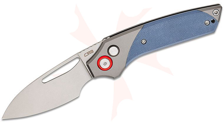 CJRB Cutlery Version Button Lock Front Flipper Knife 2.6 inch AR-RPM9 Stonewashed Drop Point Blade, Gray Aluminum Handles with Blue G10 Inlays