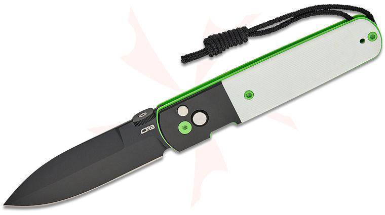 CJRB Cutlery Locust Button Lock Folding Knife 3.15 inch AR-RPM9 Black PVD Spear Point Blade, Black PVD Steel Handles with White G10 Inlay and Green Accents