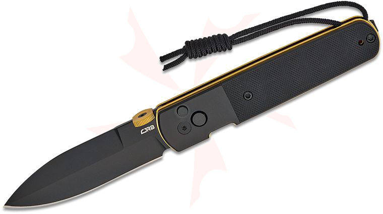 CJRB Cutlery Locust Button Lock Folding Knife 3.15 inch AR-RPM9 Black PVD Spear Point Blade, Black PVD Steel Handles with Black G10 Inlay and Gold Accents