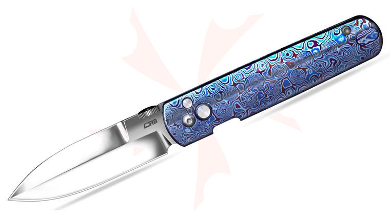 CJRB Cutlery The Perfect Locust Button Lock Folding Knife 3.15 inch S90V Sand Polished Spear Point Blade, Titanium Damascus Handles