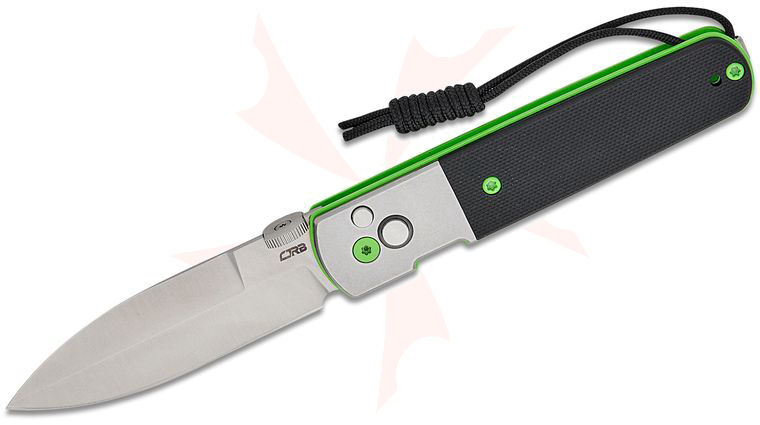 CJRB Cutlery Locust Button Lock Folding Knife 3.15 inch AR-RPM9 Sand Polished Spear Point Blade, Stonewashed Steel Handles with Black G10 Inlay and Green Accents