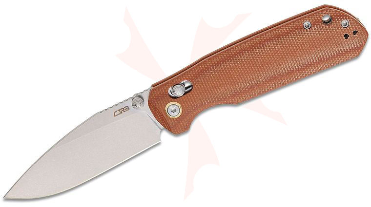 CJRB Cutlery DCA Mega Maximal Crossbar Lock Folding Knife 3.43 inch AR-RPM9 Stonewashed Drop Point Blade, Brown Canvas Micarta Handles, Reversible Clip