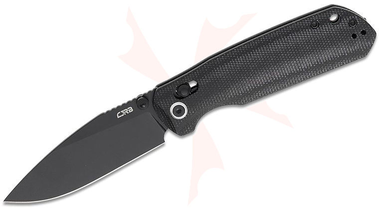 CJRB Cutlery DCA Mega Maximal Crossbar Lock Folding Knife 3.43 inch AR-RPM9 Black PVD Drop Point Blade, Black Canvas Micarta Handles, Reversible Clip