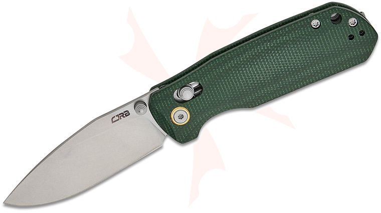 CJRB Cutlery DCA Maximal Crossbar Lock Folding Knife 2.95 inch AR-RPM9 Stonewashed Drop Point Blade, Green Canvas Micarta Handles, Reversible Clip