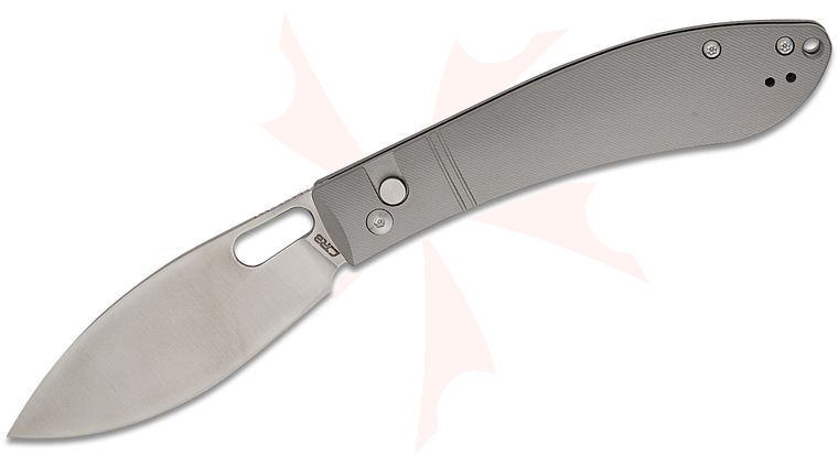 CJRB Cutlery Sasaya Button Lock Folding Knife 3.5 inch S35VN Satin Drop Point Blade, Milled Gray Titanium Handles