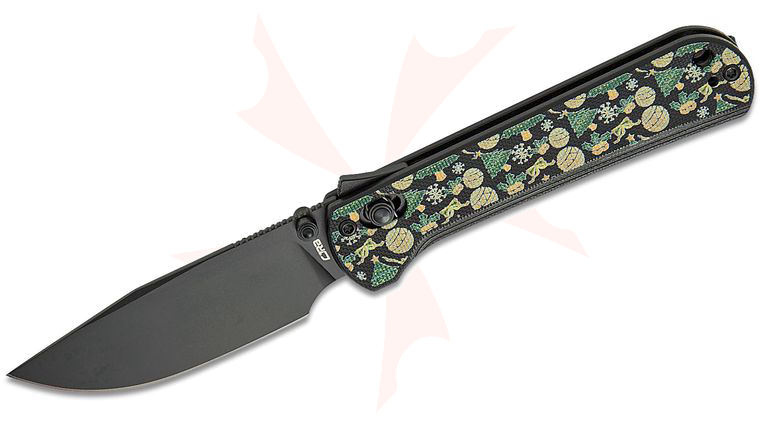 CJRB Cutlery Christmas Limited Edition Bolt Recoil-Lock V2 Folding Knife 3.25 inch AR-RPM9 Black PVD Drop Point Blade, Decked Halls G10 Handles