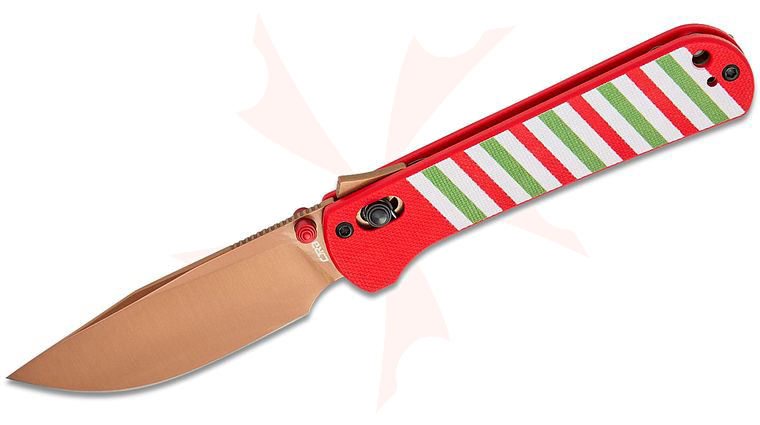 CJRB Cutlery Christmas Limited Edition Bolt Recoil-Lock V2 Folding Knife 3.25 inch AR-RPM9 Rose Gold Drop Point Blade, All Wrapped Up G10 Handles