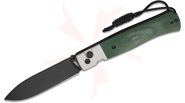 CJRB Cutlery Glacier Button Lock Folding Knife 3.54 inch AR-RPM9 Black PVD Drop Point Blade, Green Micarta Handles with Steel Bolsters