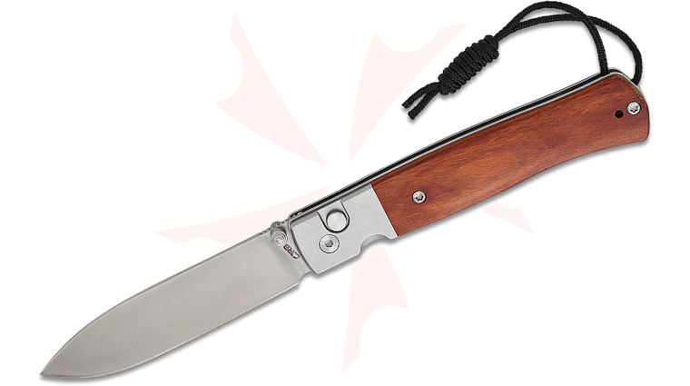 CJRB Cutlery Glacier Button Lock Folding Knife 3.54 inch AR-RPM9 Stonewashed Drop Point Blade, Wood Handles with Steel Bolsters
