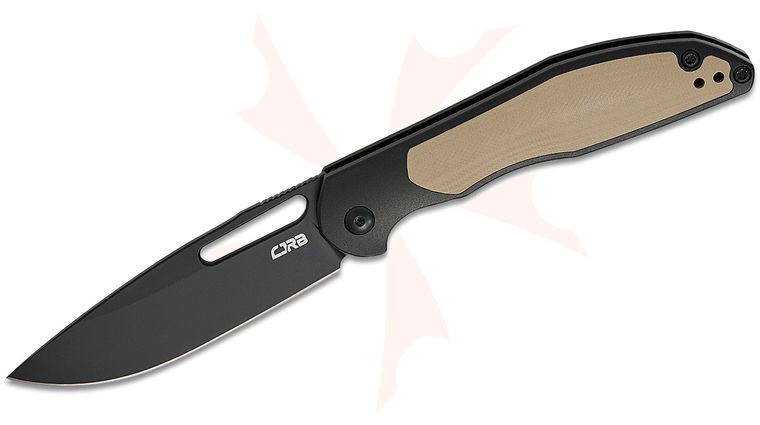 CJRB Cutlery Droma Folding Knife 3.33 inch AR-RPM9 Black PVD Drop Point Blade, Black Aluminum Handles with Desert Tan G10 Inlays