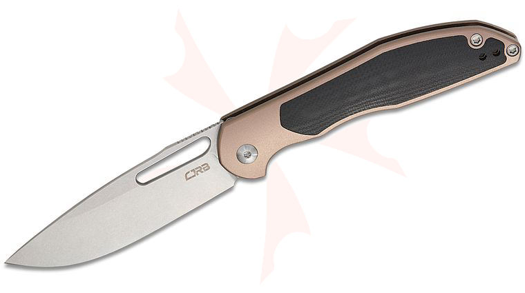 CJRB Cutlery Droma Folding Knife 3.33 inch AR-RPM9 Stonewashed Drop Point Blade, Champagne Aluminum Handles with Black G10 Inlays