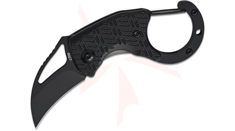 CJRB Cutlery Anansi Carabiner Folding Knife 1.61 inch AR-RPM9 Black PVD Hawkbill Blade, Black G10 Handles