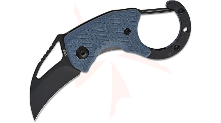 CJRB Cutlery Anansi Carabiner Folding Knife 1.61 inch AR-RPM9 Black PVD Hawkbill Blade, Blue G10 Handles