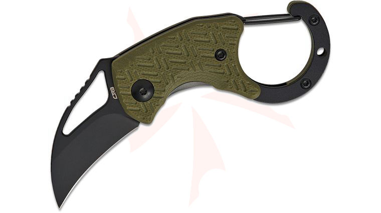 CJRB Cutlery Anansi Carabiner Folding Knife 1.61 inch AR-RPM9 Black PVD Hawkbill Blade, Green G10 Handles