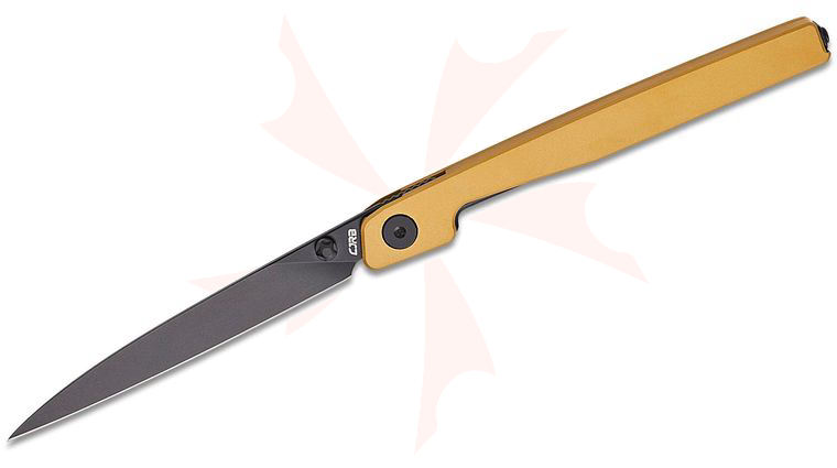 CJRB Cutlery Lanky Liner Lock Folding Knife 3.58 inch CPM S90V Black PVD Wharncliffe Blade, Golden Titanium Handles