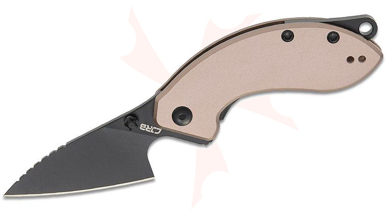 CJRB Cutlery Spud Flipper Knife 2.34 inch AR-RPM9 Black PVD Drop Point Blade, Champagne Aluminum Handles, Removeable Lanyard Hole