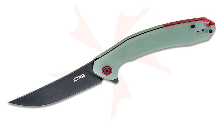CJRB Cutlery Gobi Flipper Knife 3.39 inch Black Trailing Point Blade, Translucent Green (Jade) G10 Handles w/ Orange Backspacer