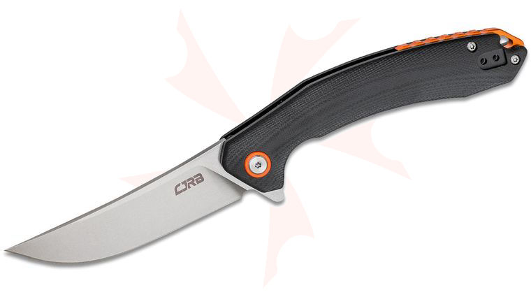CJRB Cutlery Gobi Flipper Knife 3.39 inch Stonewashed Trailing Point Blade, Black G10 Handles w/ Orange Backspacer