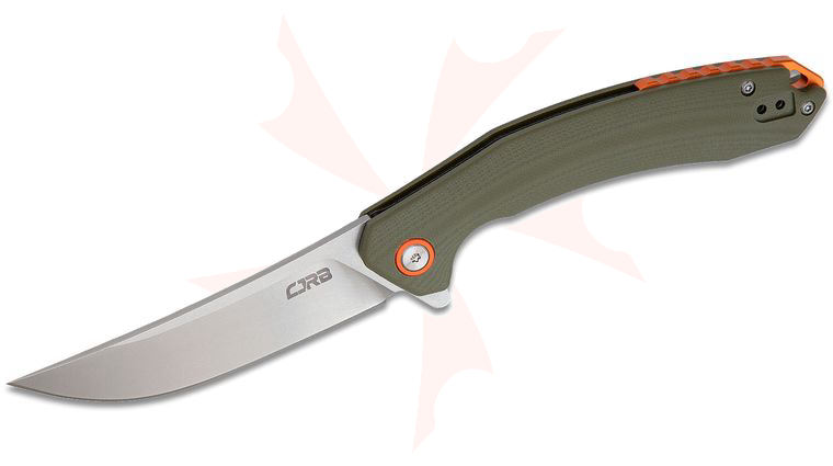 CJRB Cutlery Gobi Flipper Knife 3.39 inch Stonewashed Trailing Point Blade, OD Green G10 Handles w/ Orange Backspacer