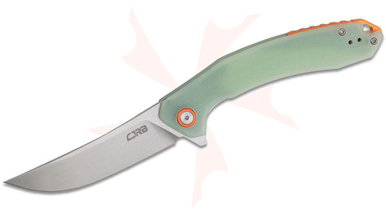 CJRB Cutlery Gobi Flipper Knife 3.39 inch Stonewashed Trailing Point Blade, Translucent Green (Jade) G10 Handles w/ Orange Backspacer