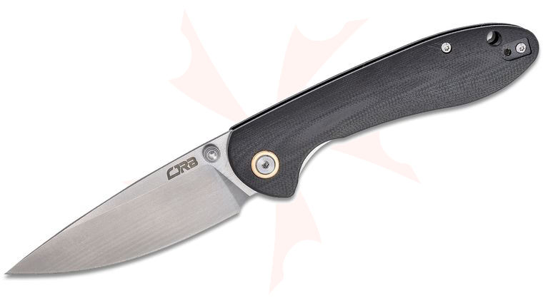 CJRB Cutlery Feldspar Folding Knife 3.5 inch Stonewashed Drop Point Blade, Contoured CNC Machined Black G10 Handles