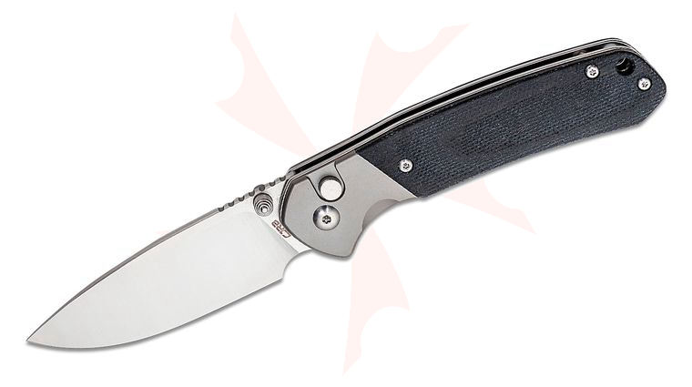 CJRB Cutlery Pyrite Folding Knife 3.11 inch AR-RPM9 Satin Drop Point Blade, Titanium Bolsters and Black Micarta Handles - KnifeCenter Exclusive