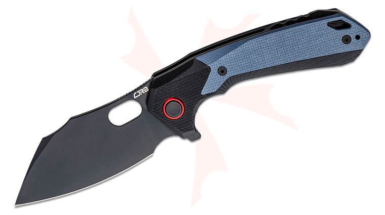 CJRB Cutlery Caldera Flipper Knife 3.5 inch AR-RPM9 Black PVD Modified Cleaver Blade, Blue and Black G10 Handles