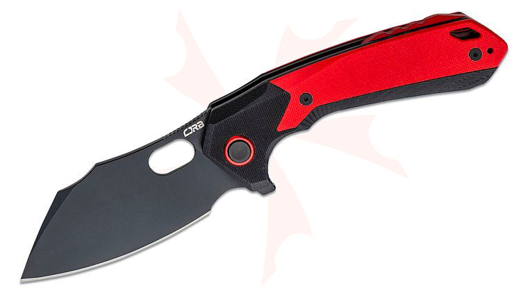 CJRB Cutlery Caldera Flipper Knife 3.5 inch AR-RPM9 Black PVD Modified Cleaver Blade, Red and Black G10 Handles