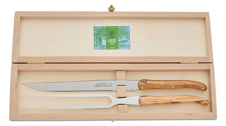 Claude Dozorme Set of Laguiole 2 Piece Carving Set with Bee Olive Wood Handles, Wood Gift Box