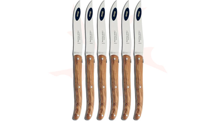 Claude Dozorme Set of 6 Laguiole Steak Knives with Olive Wood Handles and Bee, Wood Gift Box