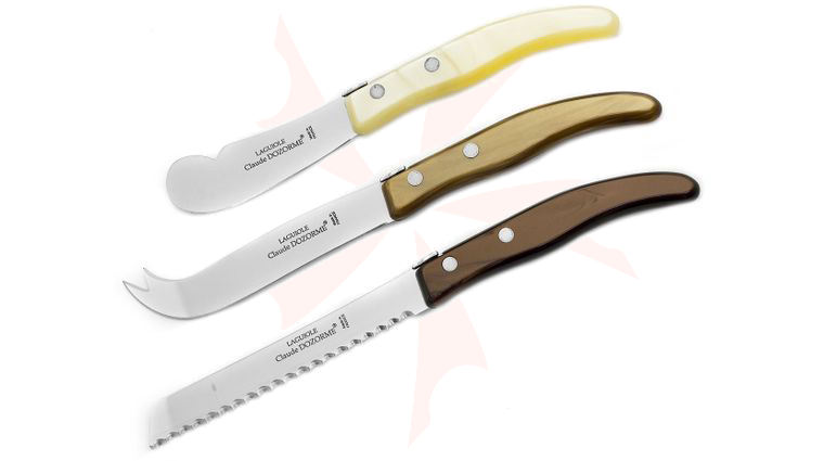 Claude Dozorme 3 Piece Berlingot Breakfast Knife Set with Colored Synthetic Handles and Wooden Box