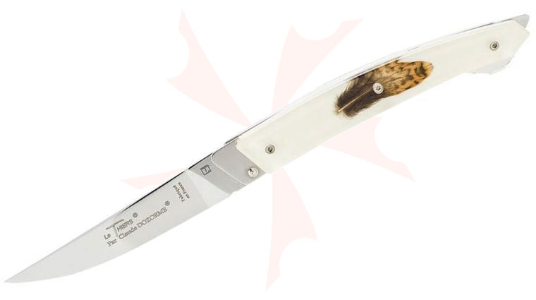 Claude Dozorme Thiers Verrou Folding Knife 3.5 inch Mirror Polished Blade, Woodcock Feather Inlaid Handles, Gray Presentation Box