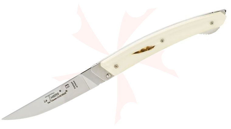 Claude Dozorme Thiers Verrou Folding Knife 3.5 inch Mirror Polished Blade, Light Brown Feather Inlaid Handles, Gray Presentation Box